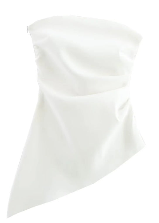 Spring Pleated Decoration Asymmetric Festival Tube Top White115G