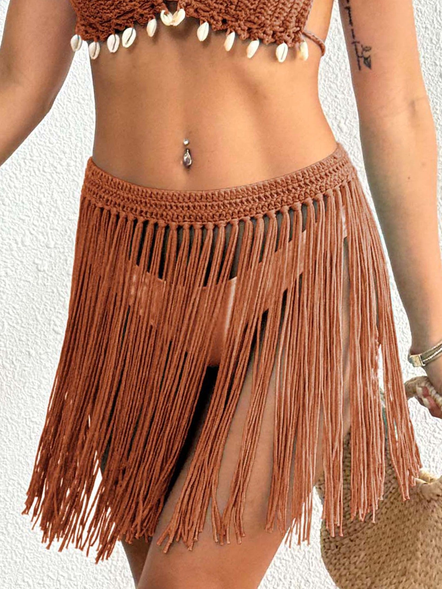 Women Lace up Skirt Women Clothing Beach Beach Cover Up Pure Hand Crocheting Tassel Skirt Overskirt One Size Brown