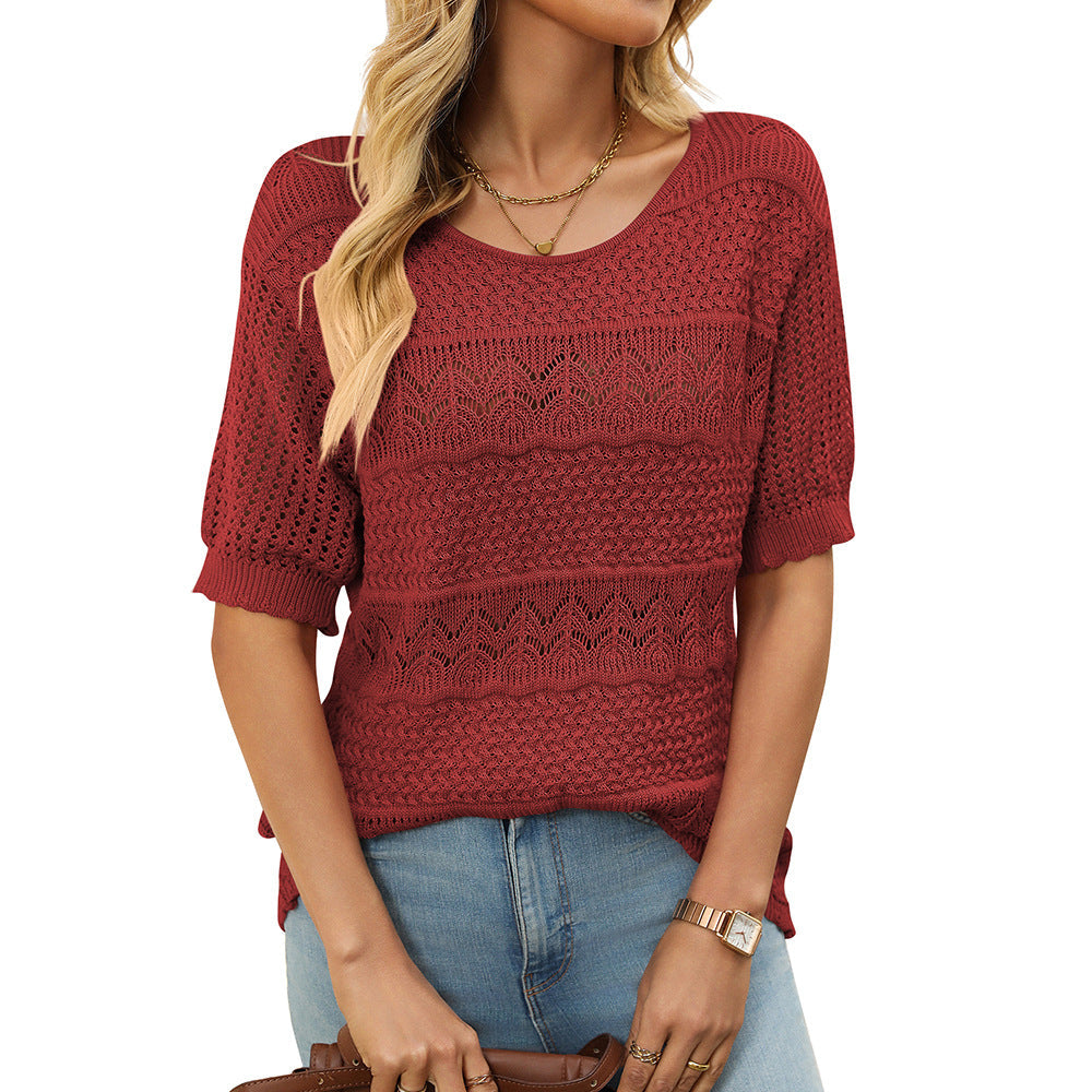 Women Clothing round Neck Hollow Out Cutout out Short Sleeved Sweet Girl Top Knitted Crocheted Sweater Red