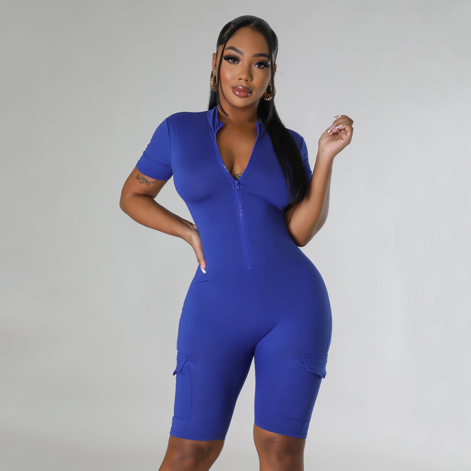 Summer Women Clothing Sexy Tight Short Sleeve Solid Color Jumpsuit for Women