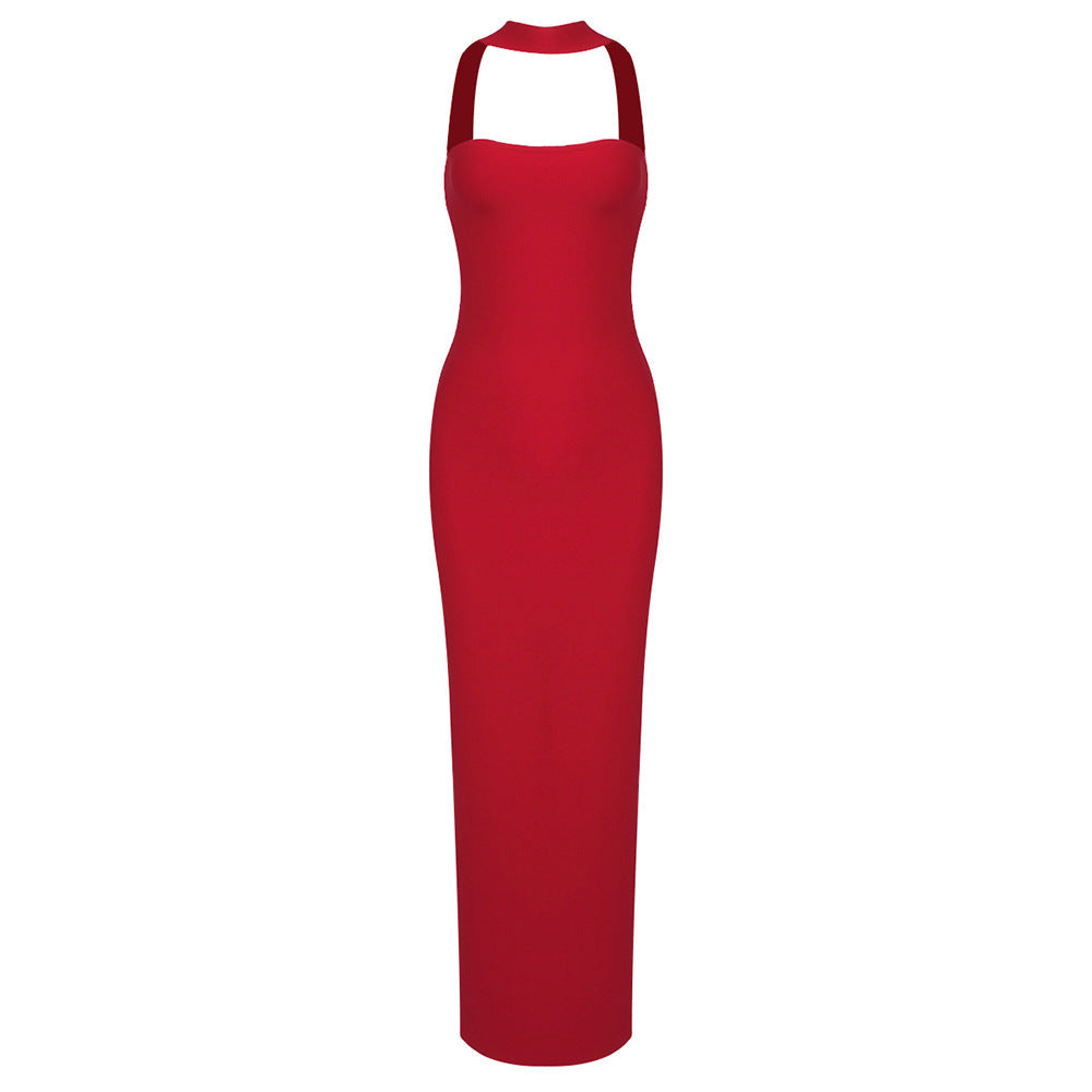 Summer Women Clothing Side Slit Bandage Elastic Long Tube Top Tight Halter Dress Red