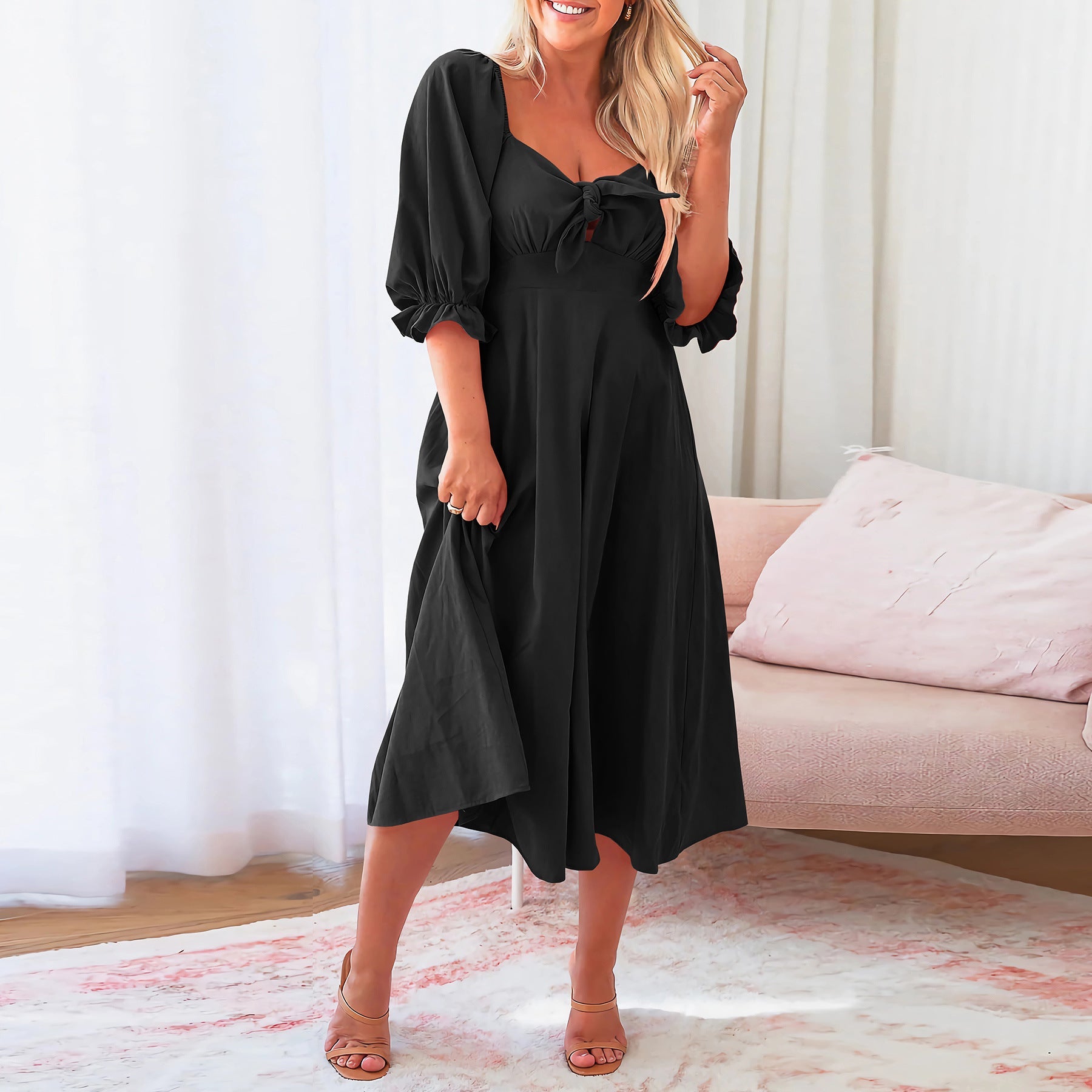 Women Spring Summer Sexy Elegant Slim Lantern Sleeve Dress Mid Length Dress Black