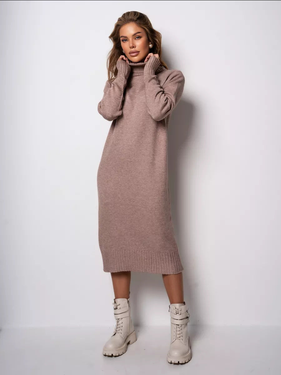 Women Clothing Turtleneck Knitting Dress Autumn Winter Loose Inner Wear Solid Color Slimming Woolen camel