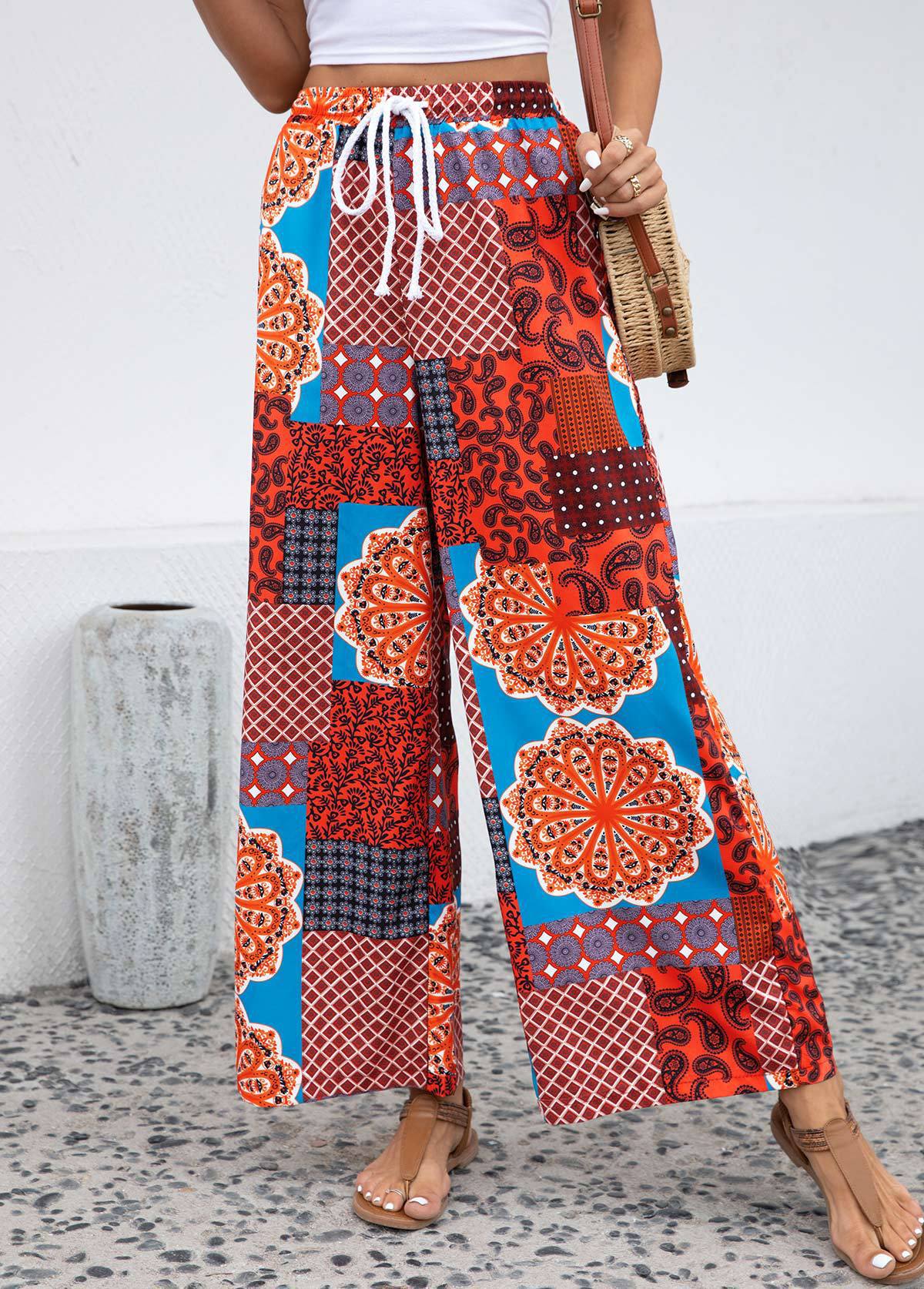 Spring Ladies Casual Elastic Waist Bohemian Printing Straight Leg Trousers Orange