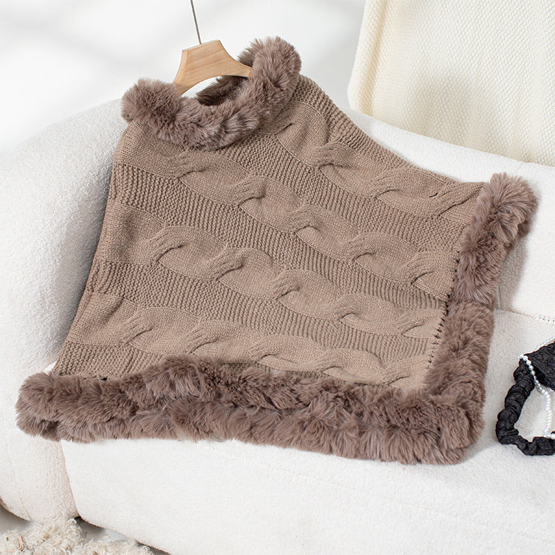 Women Clothing Autumn Winter Imitation Rex Rabbit Fur Collar Thick Cable Knit Pullover Sweater Cloak F Brown