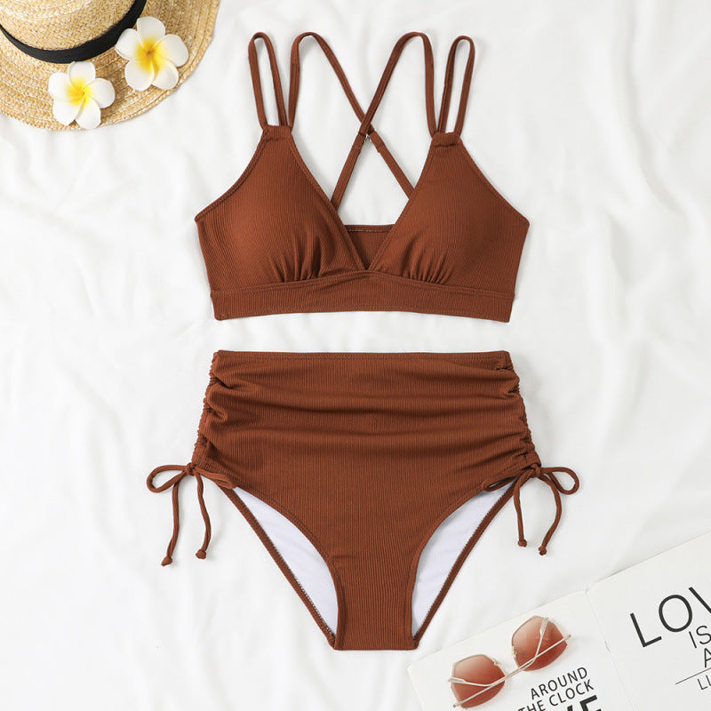 Swimwear Bikini Split High Waist Sunken Stripe Sexy Swimsuit Women Solid Color Split Swimsuit Swimsuit Brown