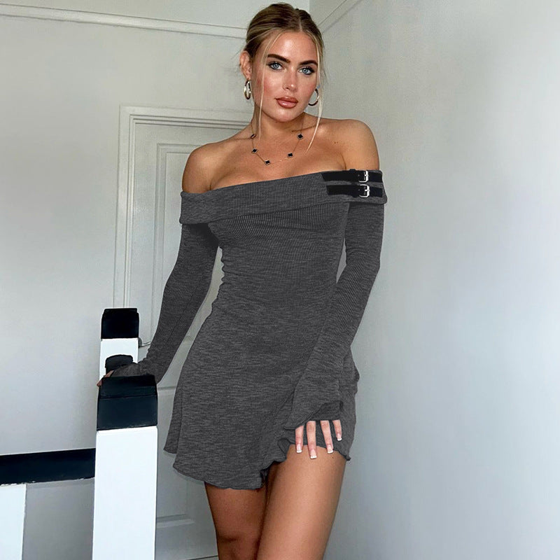 Winter Arrival Solid Color off Shoulder Long Sleeve Sexy Strapless High Waist Sheath Dress Women