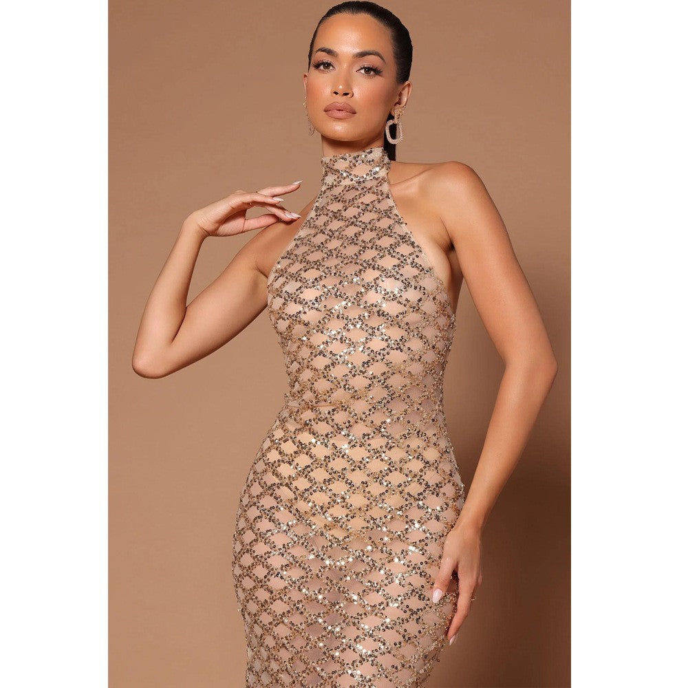 Spring Sexy Backless Nightclub Party Formal Dress Rhinestone Sequined Transparent Dress Apricot