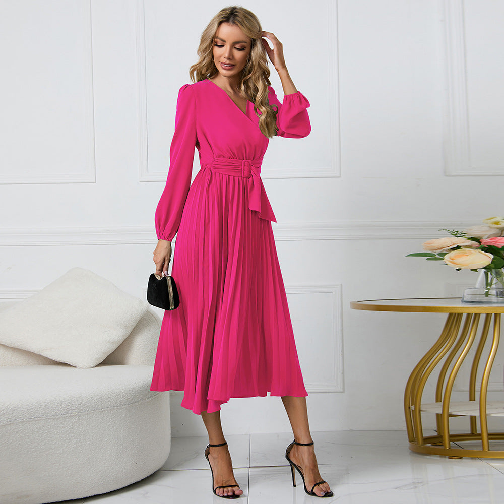 Women Clothing Long Sleeve Slim Fit Pleated Belt V neck Dress A line Dress