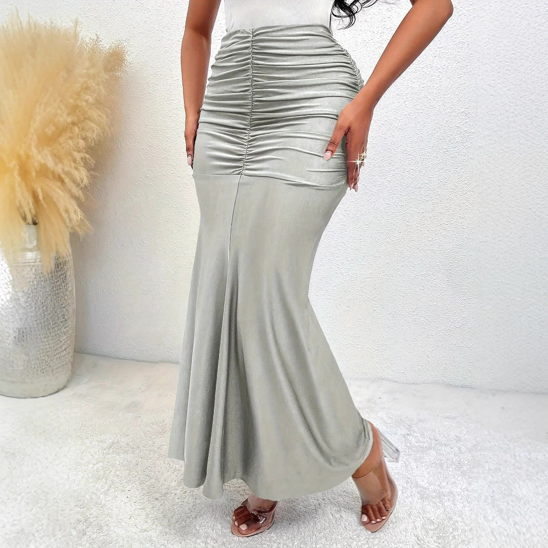 Women Clothing Elegant Elastic Waist Pleated Stretch Skirt Draping Effect Fishtail Light Gray