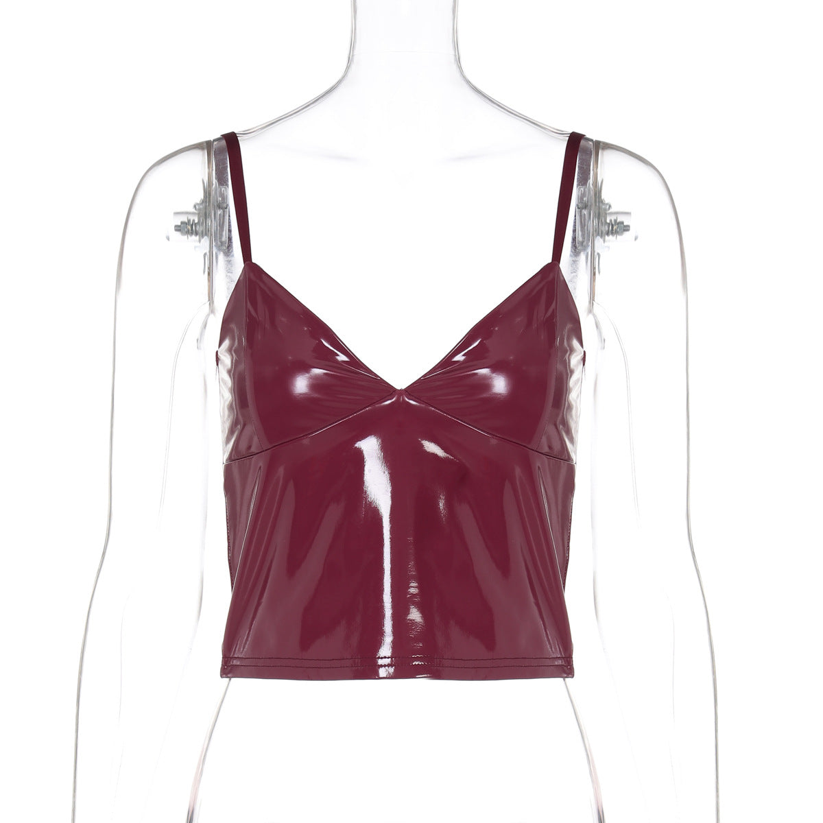 Women Clothing Winter Solid Color Leather V neck Slim Fit Sexy Camisole Burgundy