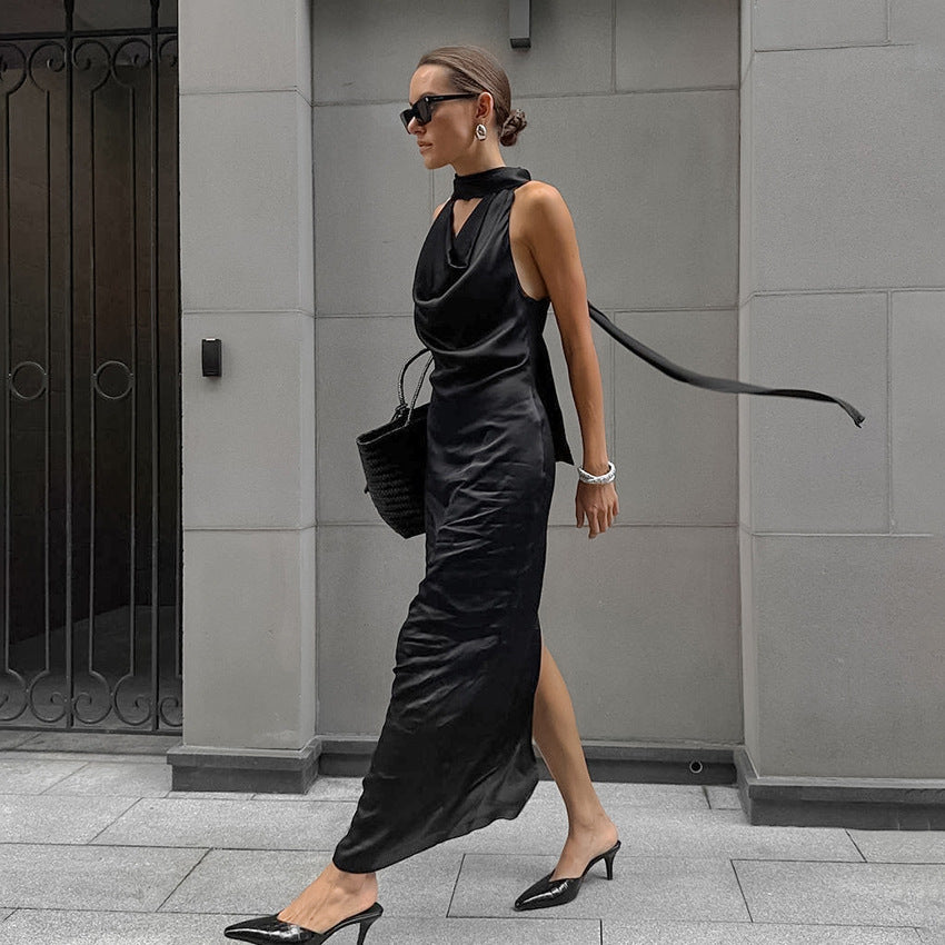 Spring Summer Design Black Thin Soft Matte Satin Swing Collar off Shoulder Elegant Dress Self Tie Dress Women