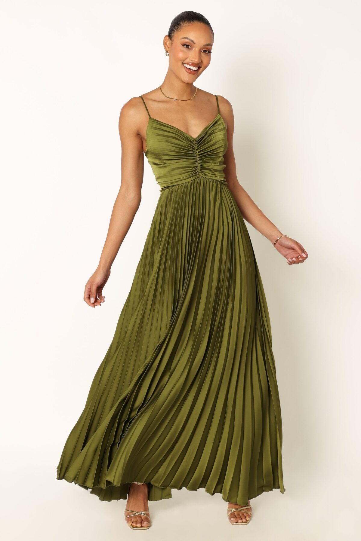 Summer V neck Elegant Graceful Sling Backless Long Pleated Dress Army Green