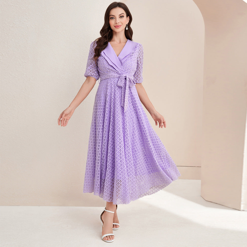 Women Clothing Autumn Elegant V neck High Waist Dress Purple