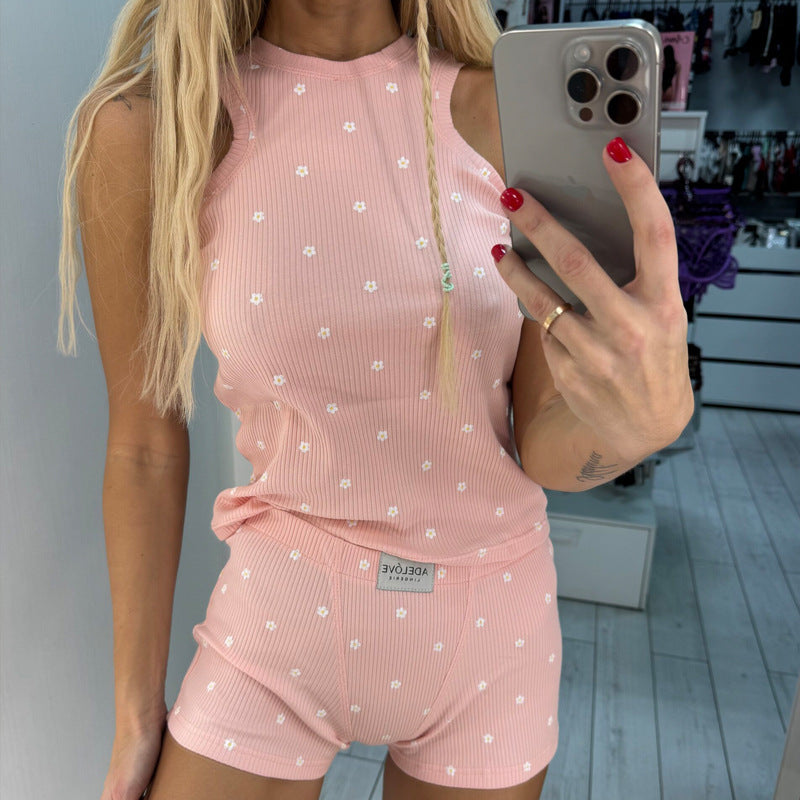 Spring Summer Women Casual Suit Personalized Printed round Neck Sleeveless Shorts Two Piece Pajamas Pink