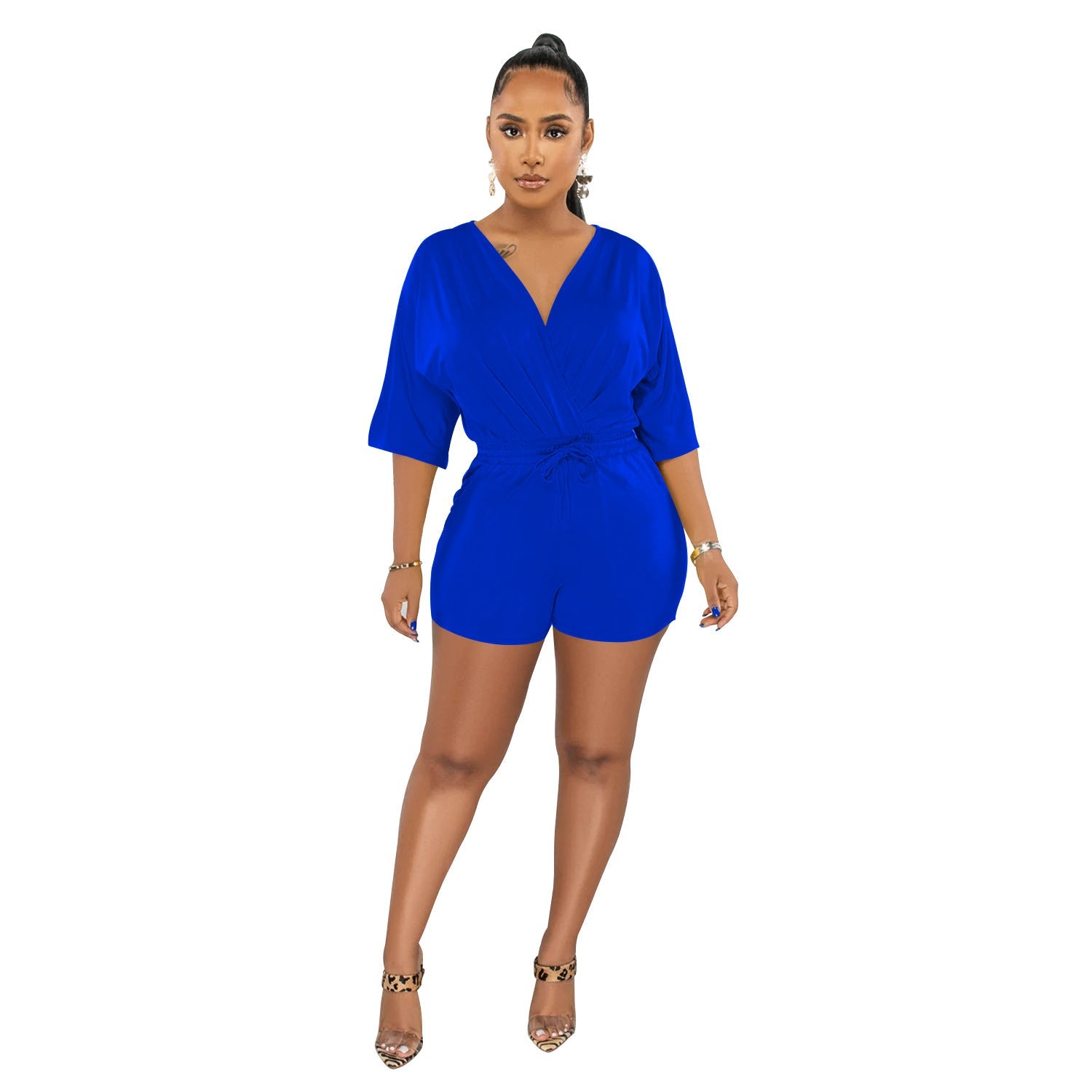 Women Wear Solid Color Tied V Neck Half Sleeves Shorts Jumpsuit Women Blue