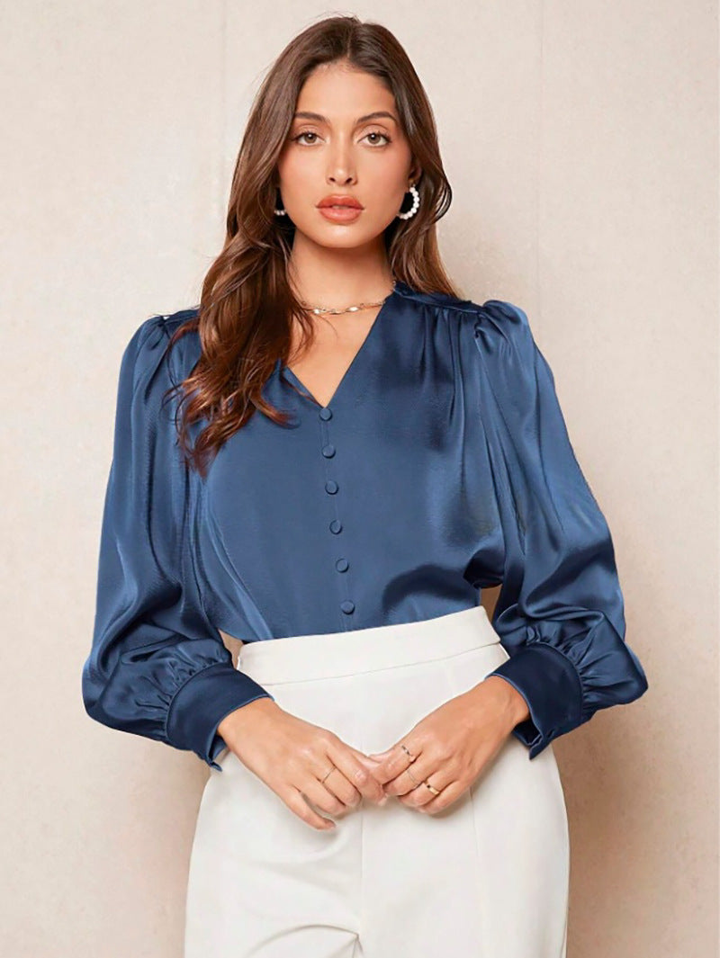 V neck Pullover Top Shirt Women Satin Office Top Women Clothing Direct royal blue