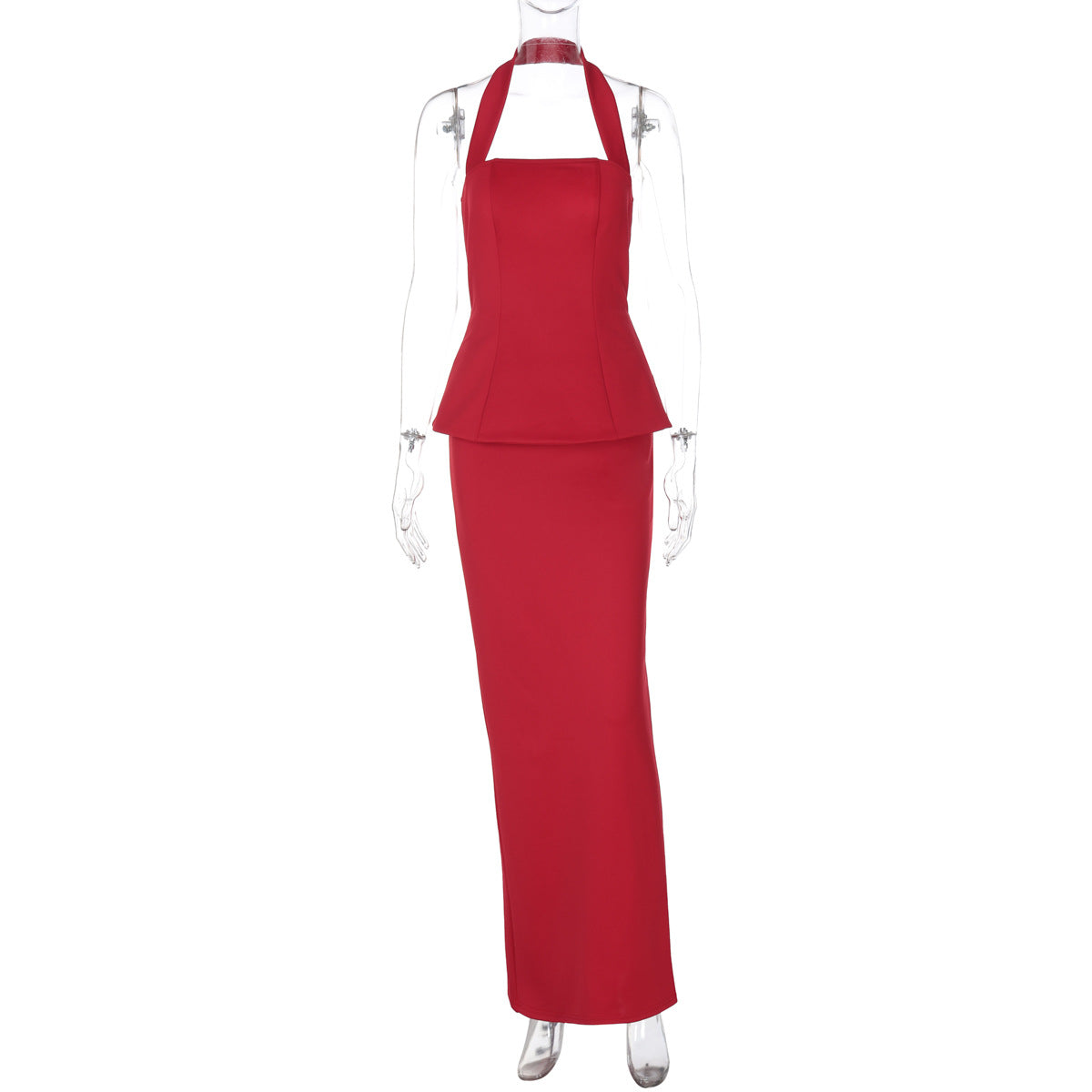 Spring Solid Color Halter Top Sexy Backless Slim Fit Maxi Dress Two Piece Set Red