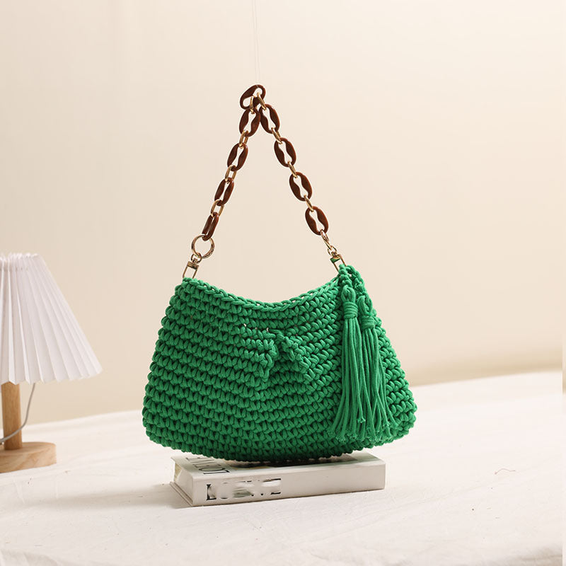 Underarm Cotton Thread Woven Bag Tassel One Shoulder Straw Bag Vacation Beach Bag Niche Women Bag One Size Clip Tassel Green