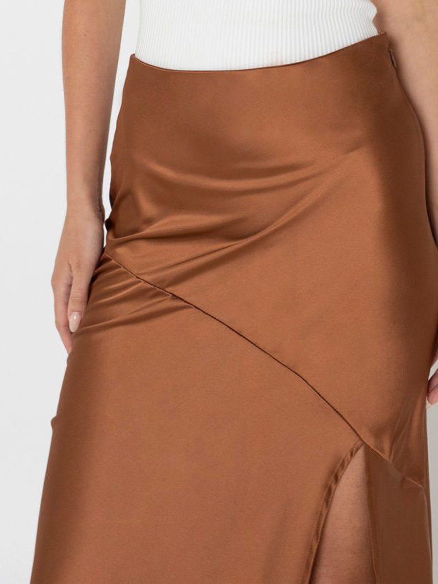 Women Satin Skirt High Waist Elastic Split Long Skirt Sexy Patchwork Hip Skirt for Women Brown