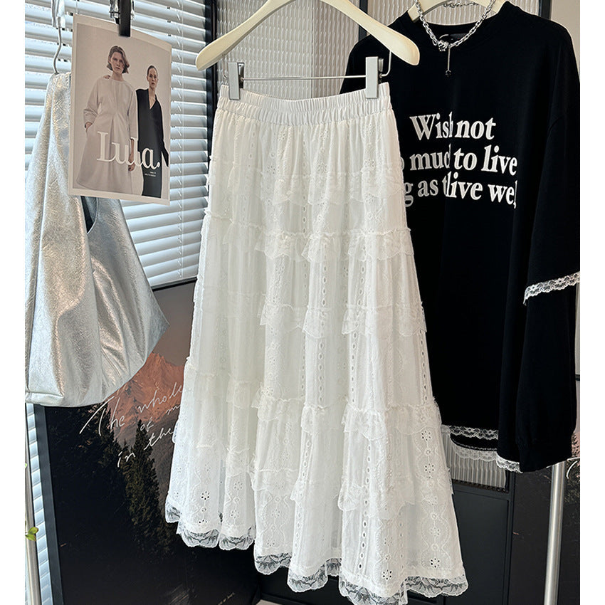 Spring Summer Wear Cotton Embroidered Lace Tiered A line Slimming Mid Length Umbrella Skirt