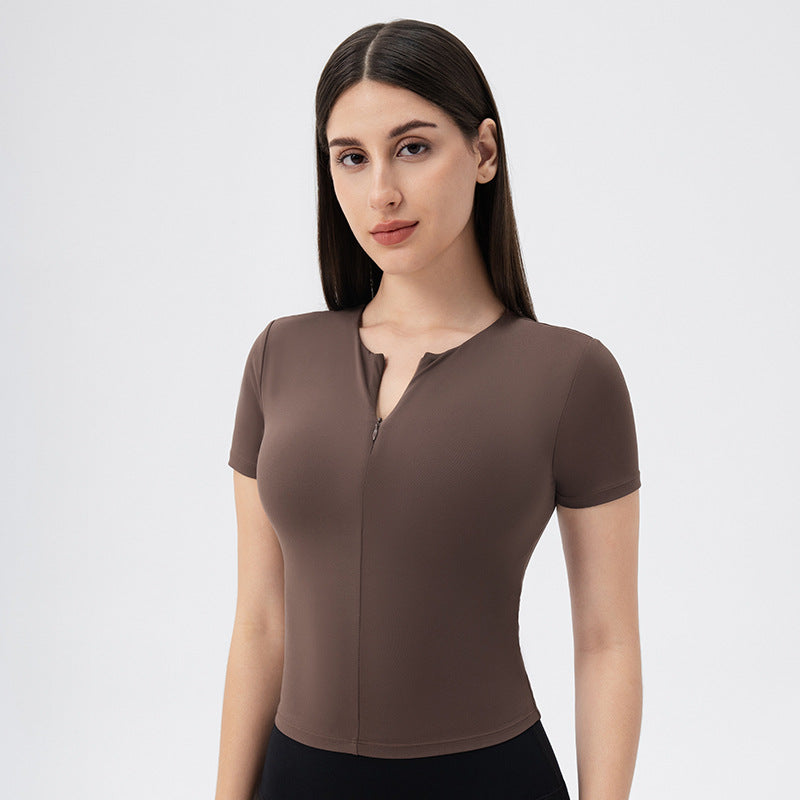 Women Yoga Clothes Short Sleeve Front Zipper Skinny Slimming with Chest Pad Workout Top Nude Feel High Elastic Exercise Running T shirt Pine Cone Brown