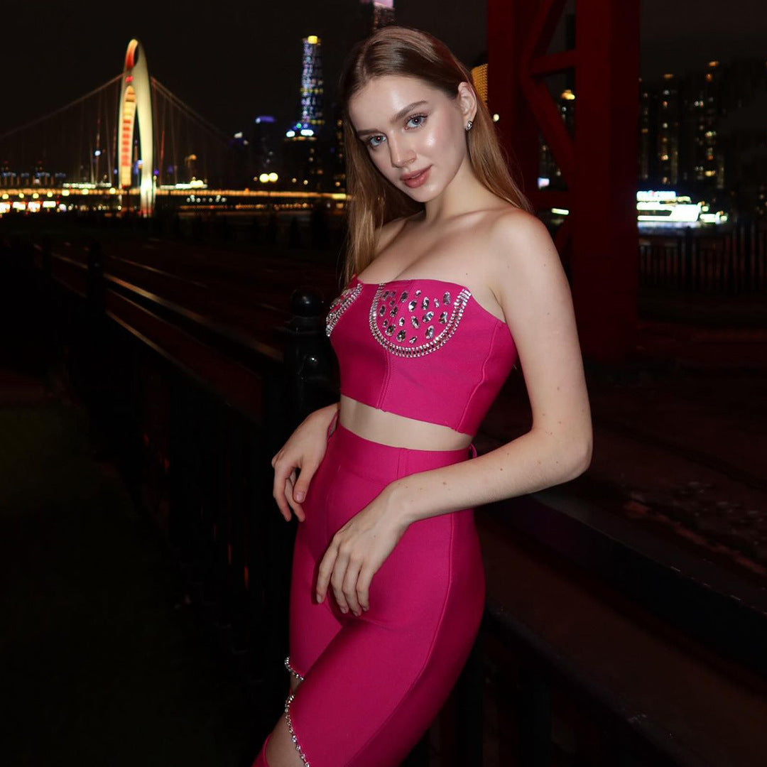 Summer Tube Top Suit High Grade Sexy Rhinestone Hollow Out Cutout Sheath Bandage Trousers Two Piece Set