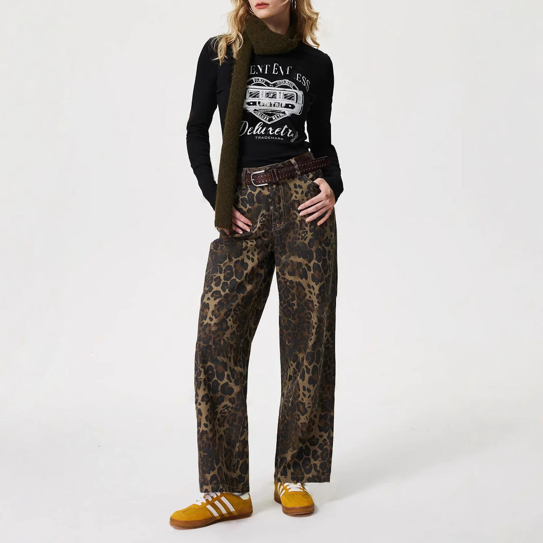 Women Clothing Vintage Leopard Print Straight Leg Denim Trousers