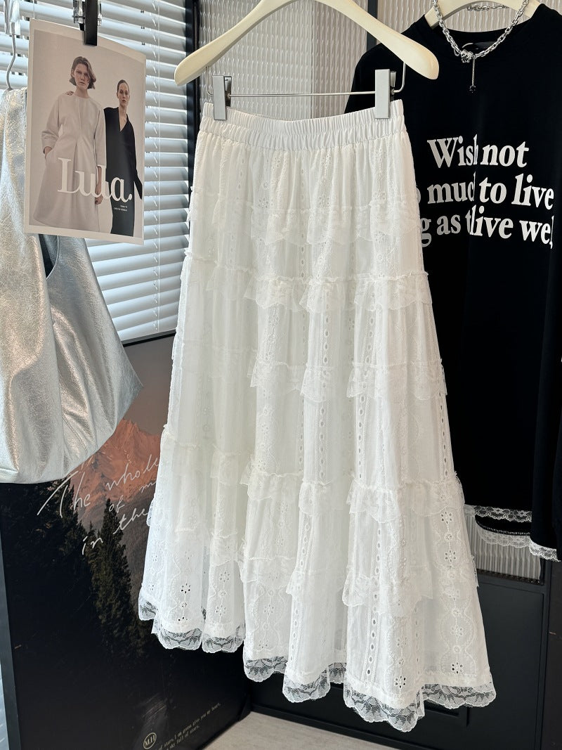 Spring Summer Wear Cotton Embroidered Lace Tiered A line Slimming Mid Length Umbrella Skirt One Size White