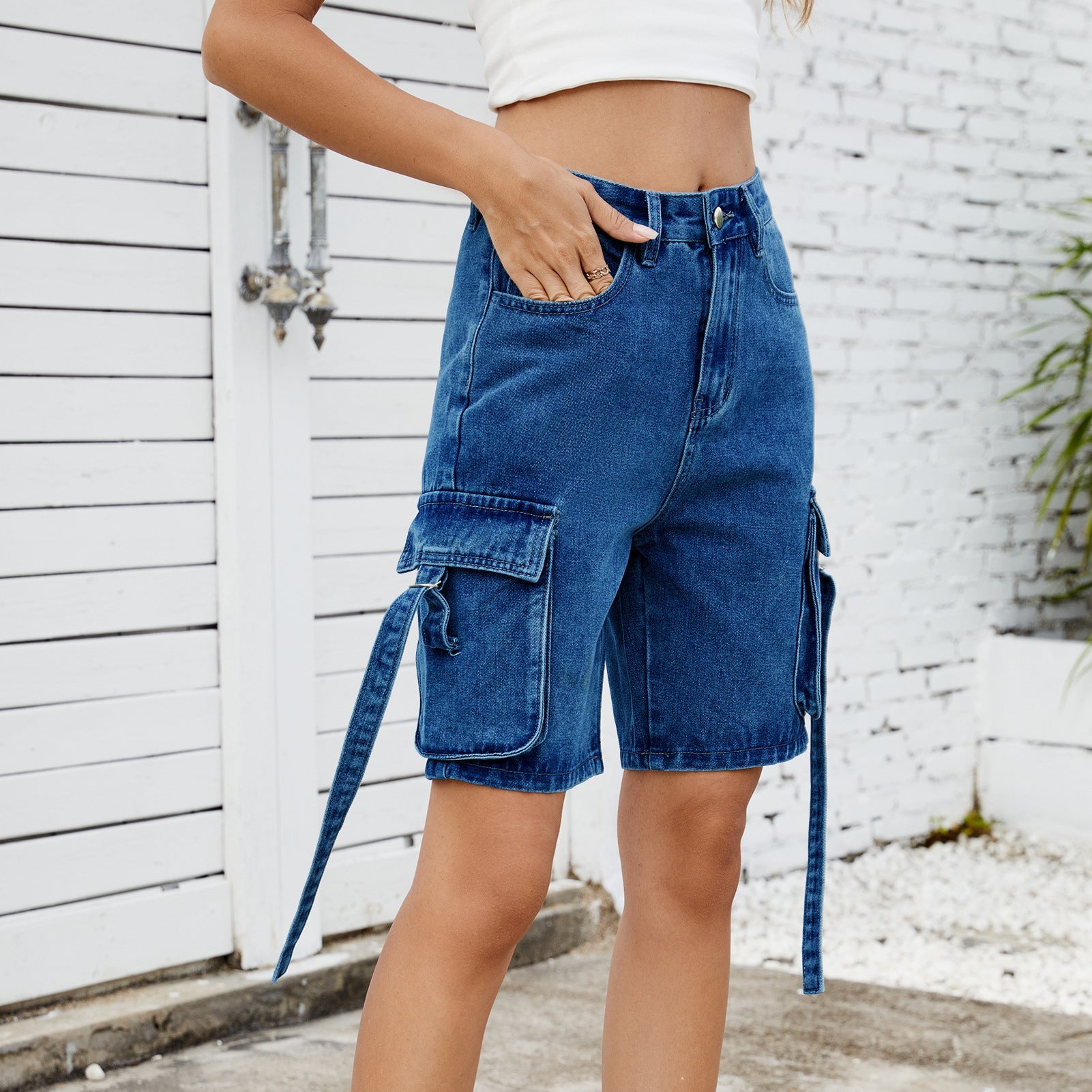 Women Summer Street Hipster Washed Denim Cargo Pants Shorts Navy Blue