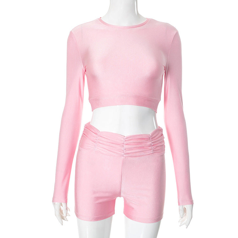 Women Clothing Autumn Winter round Neck Pullover Short Bare Cropped High Waist Pleated Tight Shorts Two Piece Sets Pink