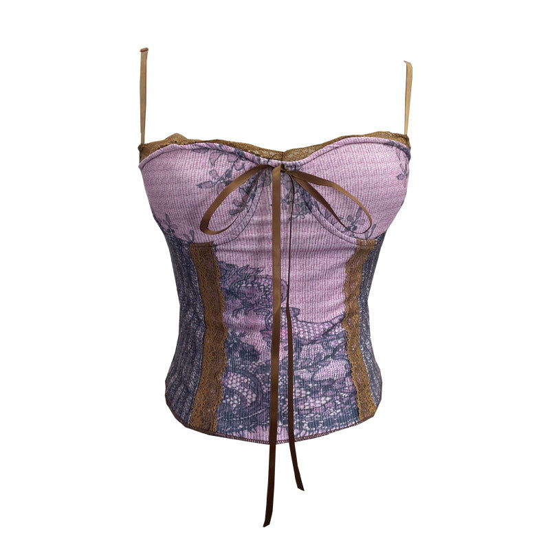 Vintage Ink Painting Niche Sexy Strap Vest with Chest Pad Short Lace up Tube Top Women