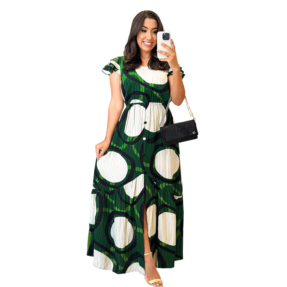 Women Elegant Round Neck Dress Personality Stitching Office Dress Green