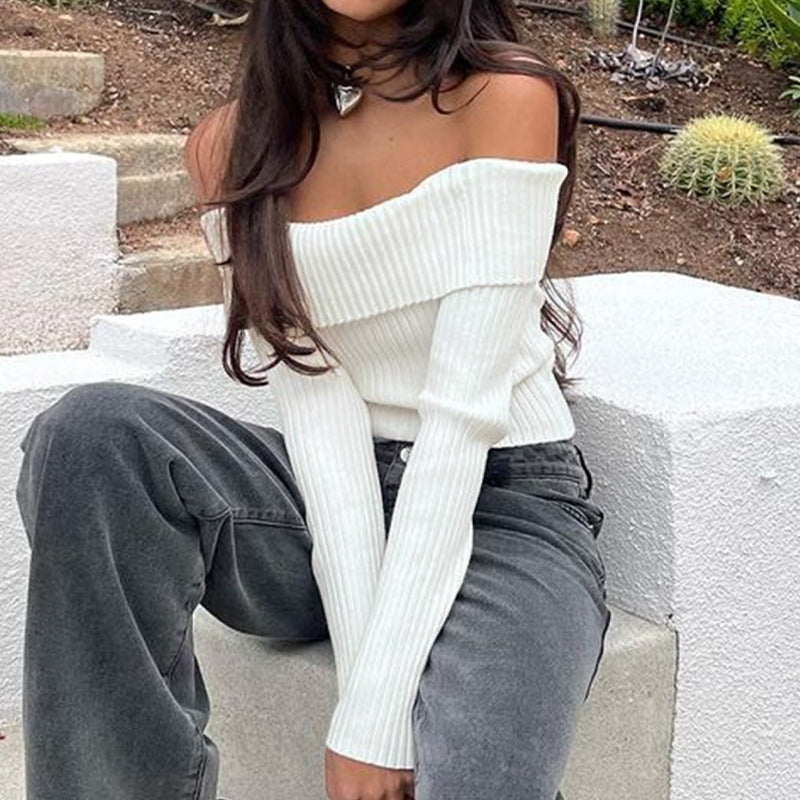 Women Clothing Short Knitwear Long Sleeve off Shoulder off Shoulder Pullover Sweater White