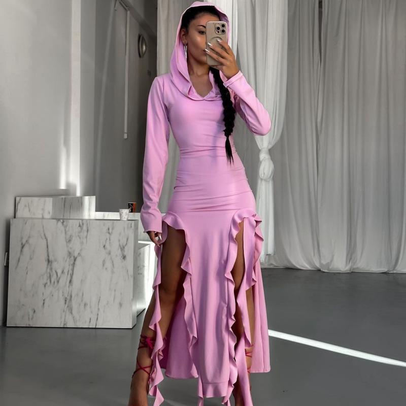 Summer Popular Trend Ruffled Stitching Long Sleeve Hooded Irregular Asymmetric Dress Pink