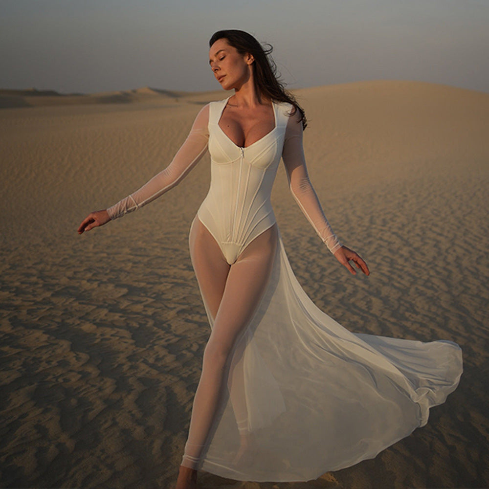 Summer Sexy Tight Jumpsuit Long Sleeve Mesh See Through V Neck Jumpsuit White