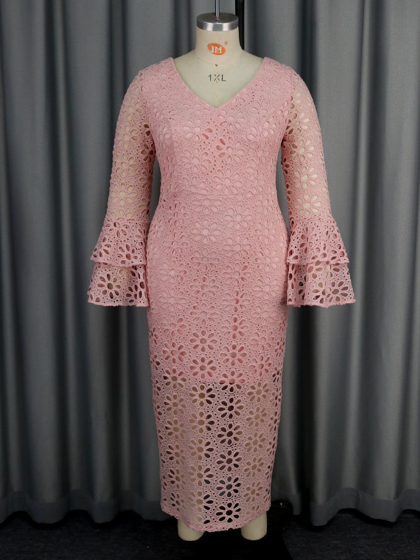 Women Dress the Dinner Party Lace Bell Sleeve Dress Pink