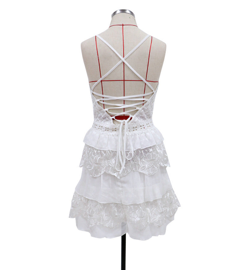 Summer Women Clothing Sexy Backless Lace up Tiered Dress Short