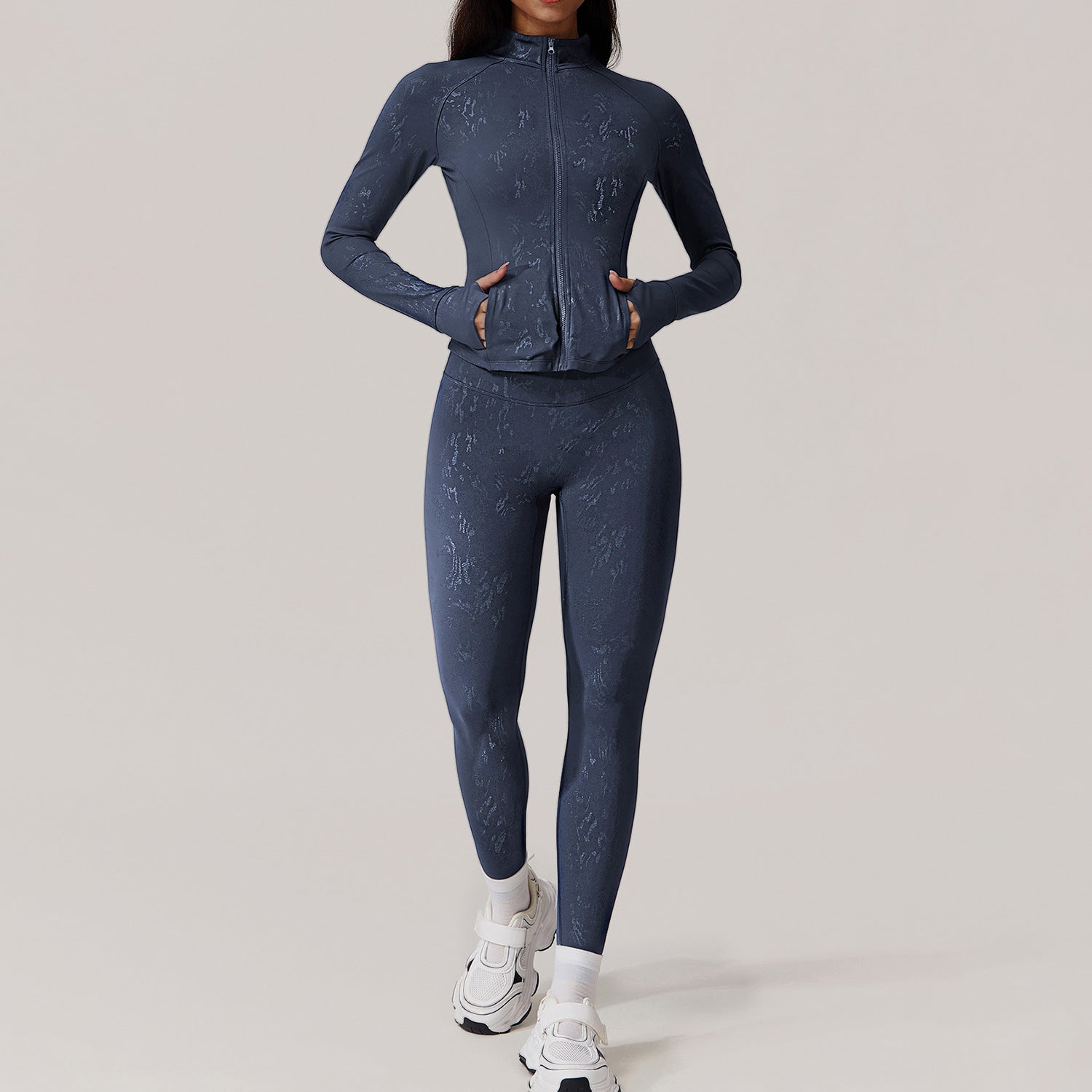 Yoga Clothes High Grade Women Outdoor Training Running Sports Long Sleeved Fitness Clothes Two Piece Sets Dark Blue Pants Coat