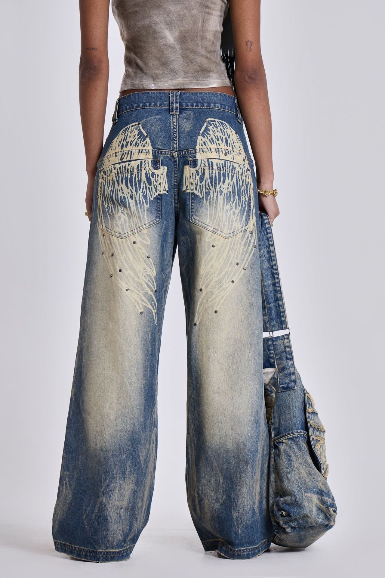 Washed Old Gradient Wings Printing Retro Loose Wide Leg Denim Blue