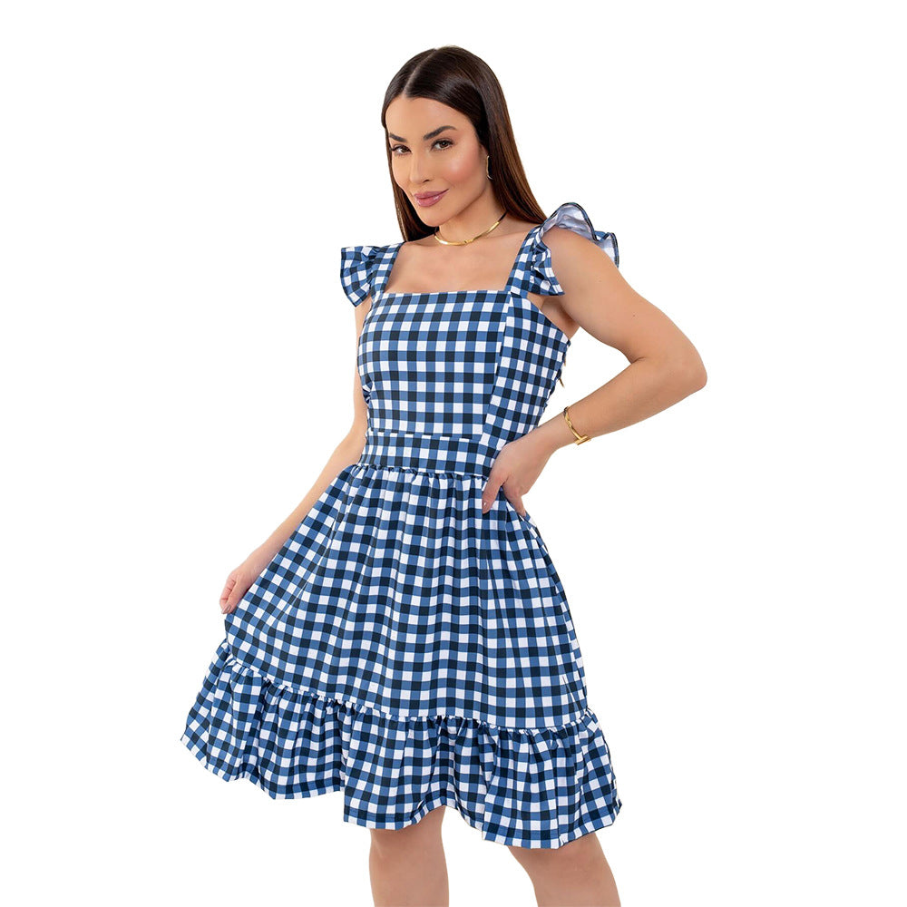 Women Clothing Fresh Sweet Plaid Sling Square Collar Dress Blue