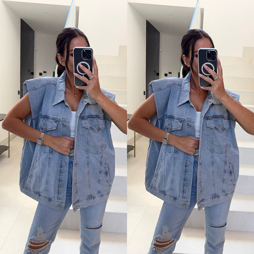 Women Clothing Spring Autumn Washing Denim Waistcoat Vest Fashionable All Matching Jacket