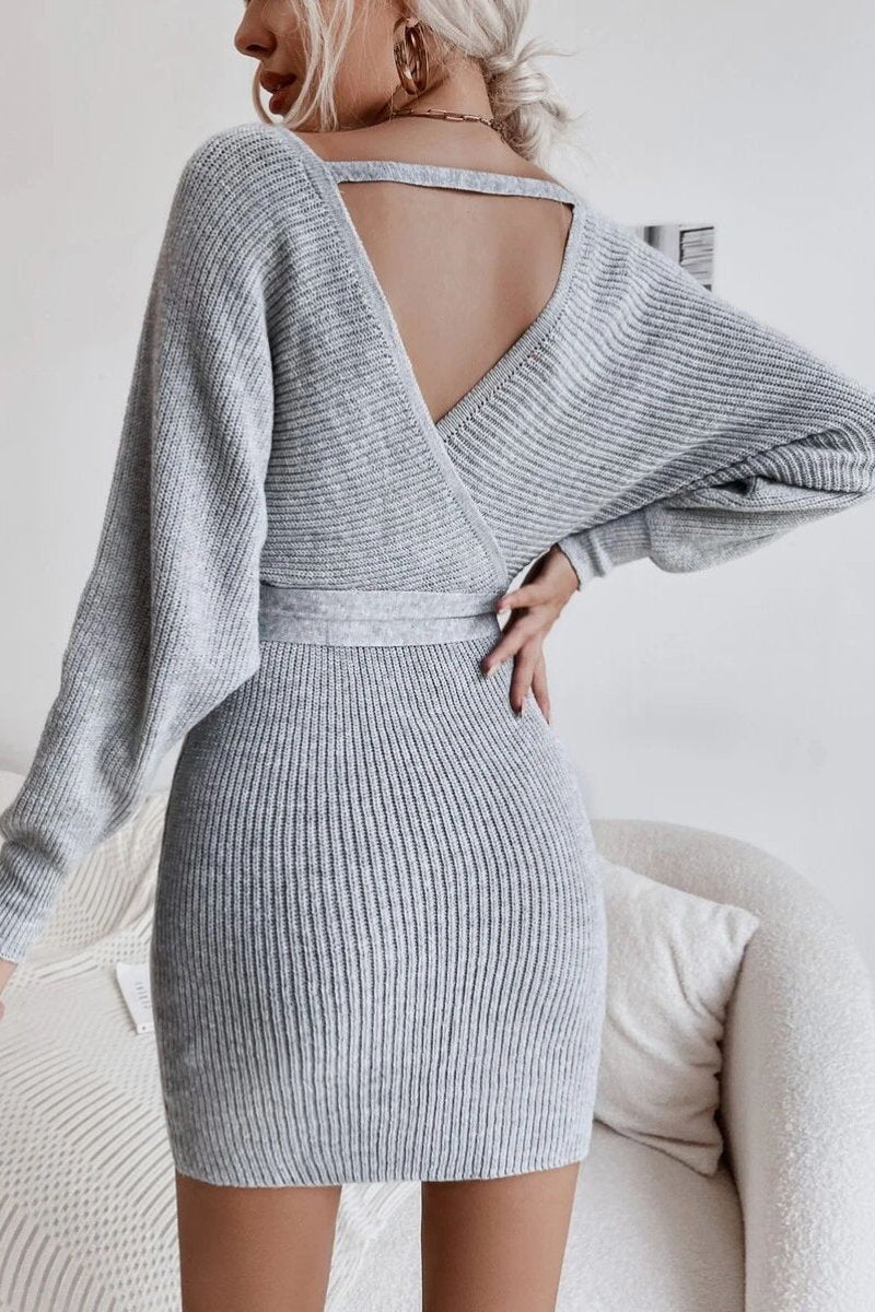 Wrap Batwing Sleeve Belted Cut Out Backless Sweater Dress