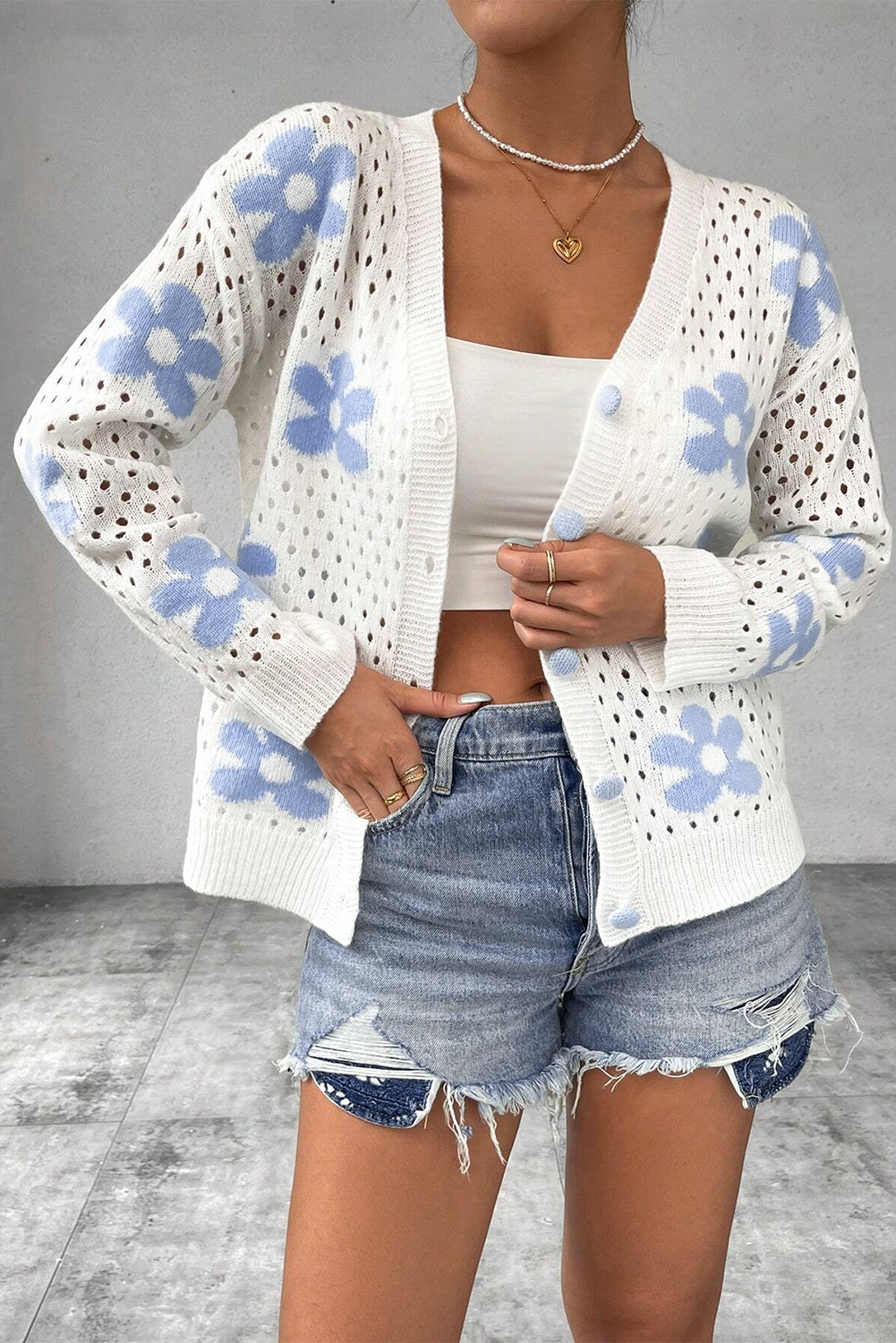 White Flower Knit Hollow Out Open Short Cardigan White 55%Acrylic+45%Cotton