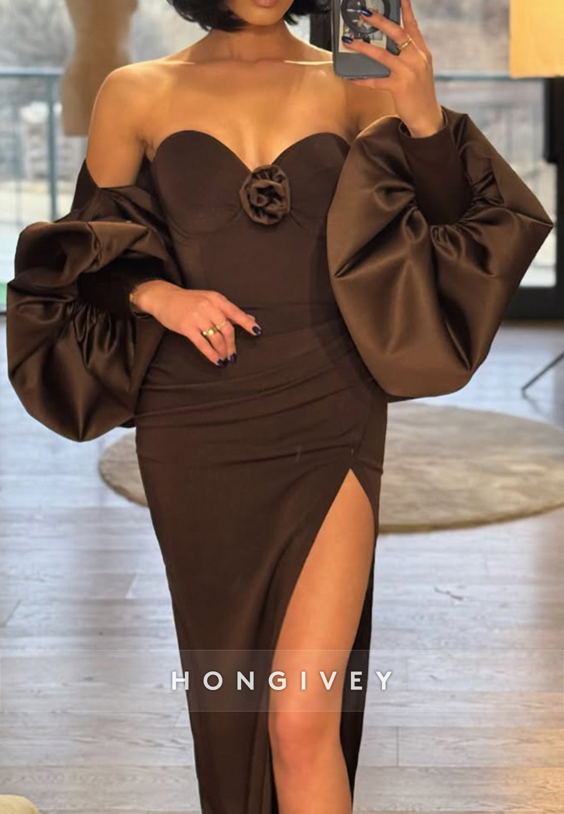 Puff Sleeves Strapless Sweetheart Sheath With Slit Evening Dress Formal Gown