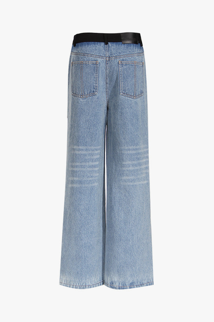 Asymmetric Color Block Hybrid High Waist Distressed Wide Leg Denim Jeans