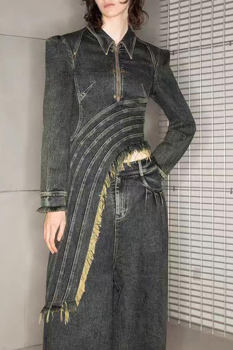 Asymmetric Drape Lapel Collar Long Sleeve Half Zip Fringe Denim Jacket