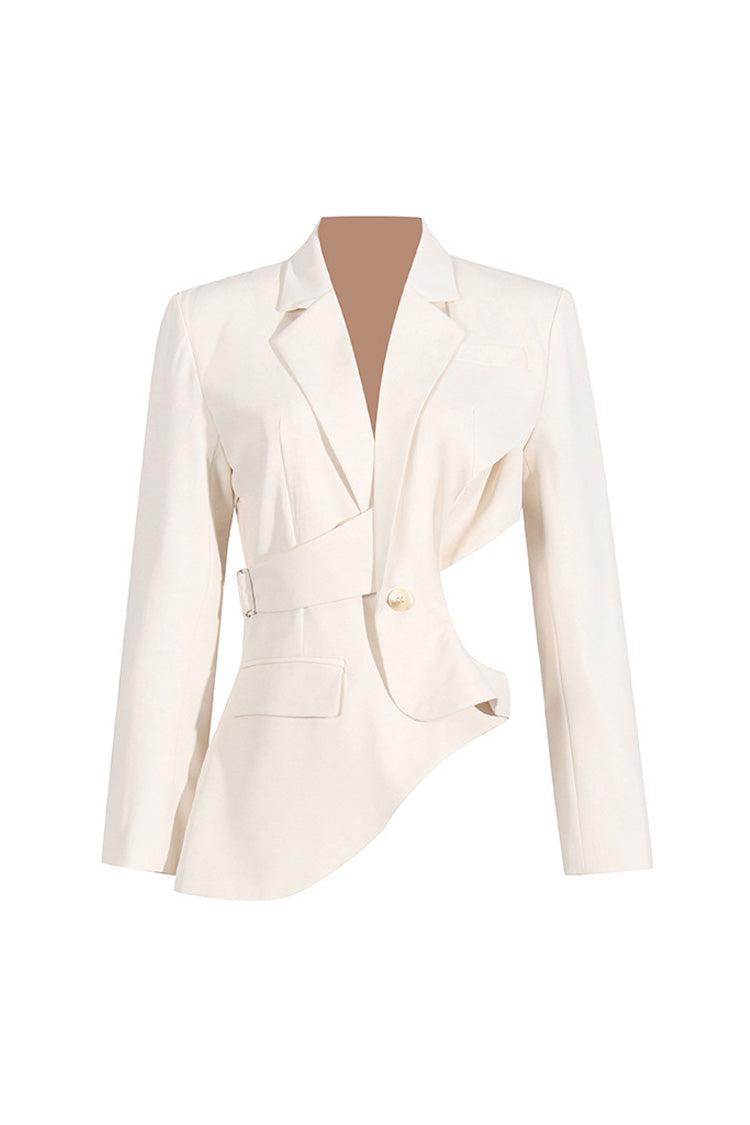 Asymmetric Hem Lapel Long Sleeve Cinched Waist Belted Cutout Blazer