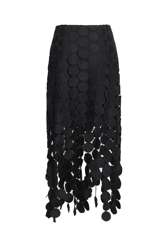 Asymmetric High Waist Laser Cut Out Circle Guipure Lace Fringe Midi Skirt