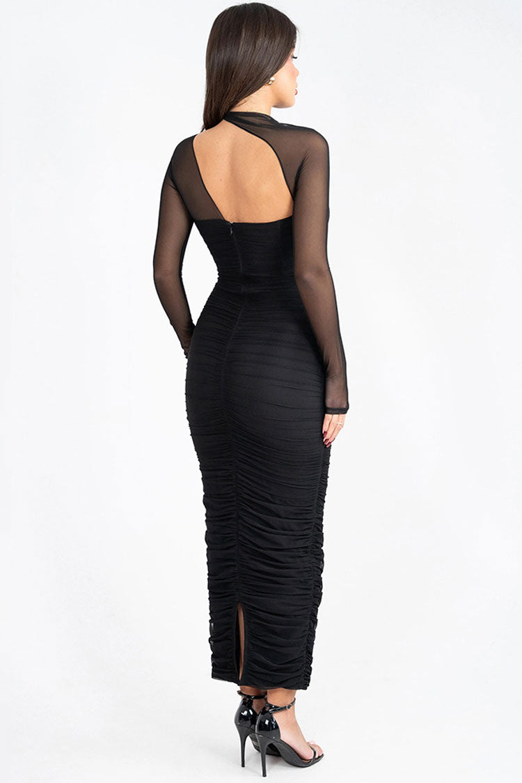 Asymmetric Mock Neck Cut Out Ruched Mesh Bodycon Evening Maxi Dress